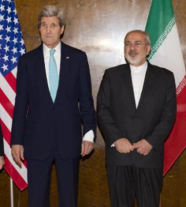 US Secretary of State John Kerry meets with Iranian Foreign Minister Mohammad Javad Zarif, for a new round of nuclear negotiations on Monday, March 2, 2015. (AP Photo/Evan Vucci)